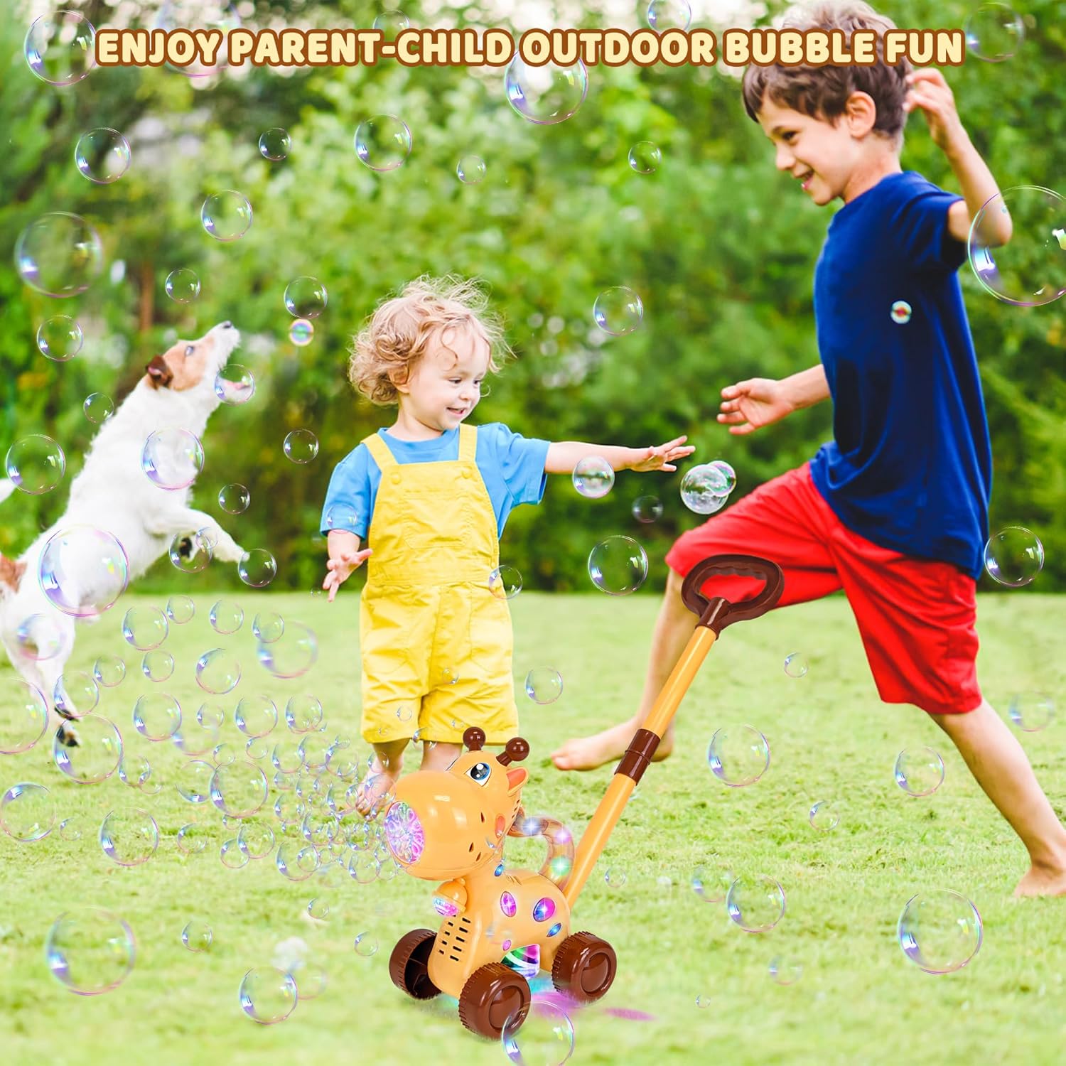 Automatic Bubble Machine, Rechargeable Bubble Maker with 10 Bags of Bubble Concentrate Giraffe Lion Lawn Mover Bubble Blower with LED Light for Kids