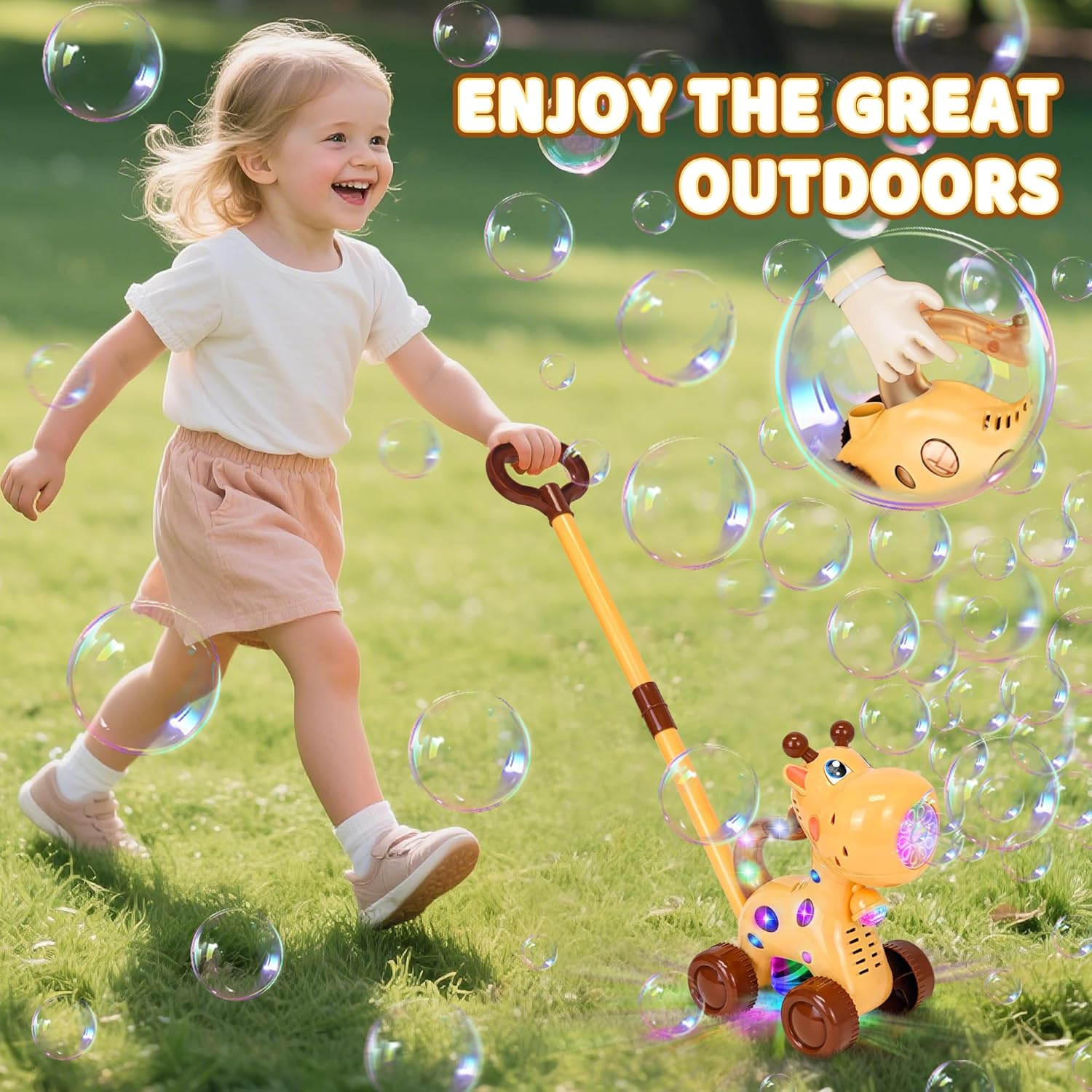 Automatic Bubble Machine, Rechargeable Bubble Maker with 10 Bags of Bubble Concentrate Giraffe Lion Lawn Mover Bubble Blower with LED Light for Kids