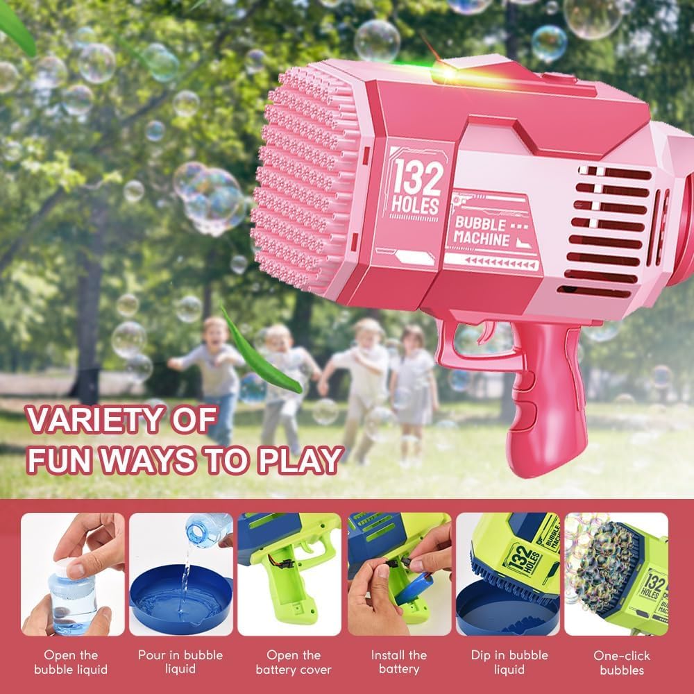 Ametralladora de burbujas mejorada de 132 agujeros, máquina de burbujas de Bazooka, pistola de burbujas de cohete, juguete de verano para niños, boda, regalo de cumpleaños (rosa)