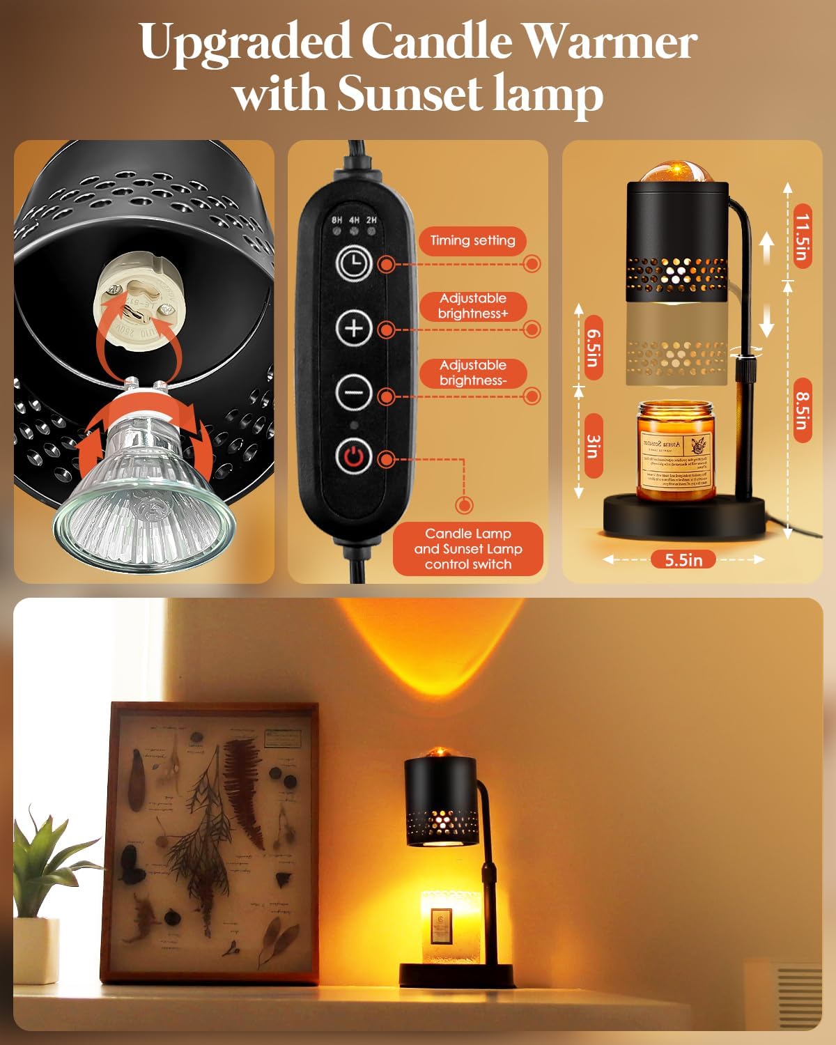 Candle Warmer Lamp with Sunset Lights: 【2025 Upgraded】 Valentines Gifts for Women, Men, Timer and Brightness Adjustment Candle lamp with 2 Bulbs - Electric Wax Melt Warmer
