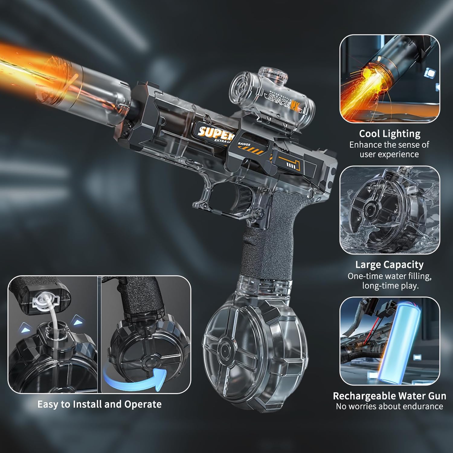 BOMOCO Electric Water Gun for Adults Kids, Automatic Squirt Guns with Cool Light Long Shooting Range,Powerful Water Guns Pistol Toys for Summer Swimming Pool Beach Outdoor Water Gun Blaster,Grey