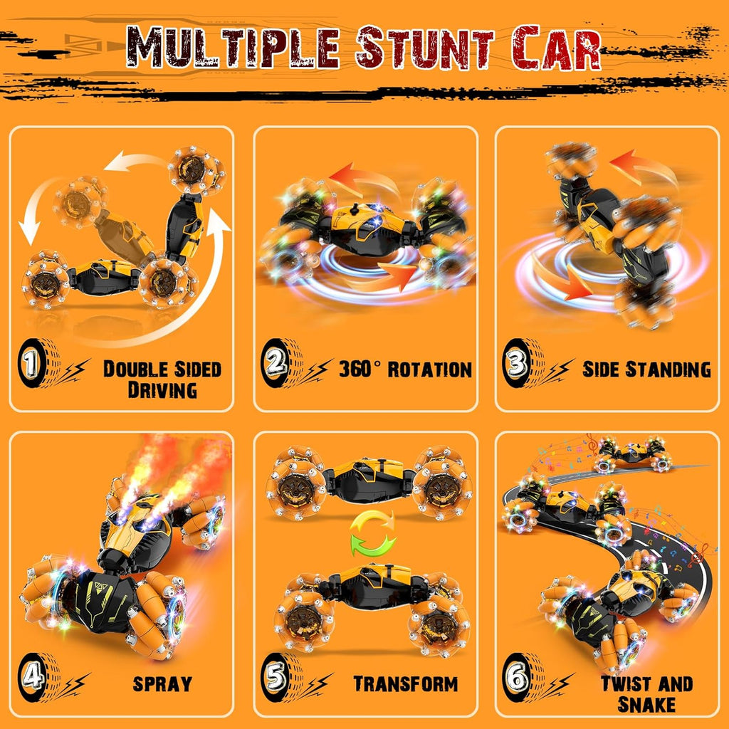 Remote Control Stunt Car Toys: Birthday Gifts for Boys Toys Ages 6-12 - 2.4Ghz Gesture Sensing Remote Control Cars with Light and Music Spray - 8WD Drift 360° Rotating RC Car for 7-14