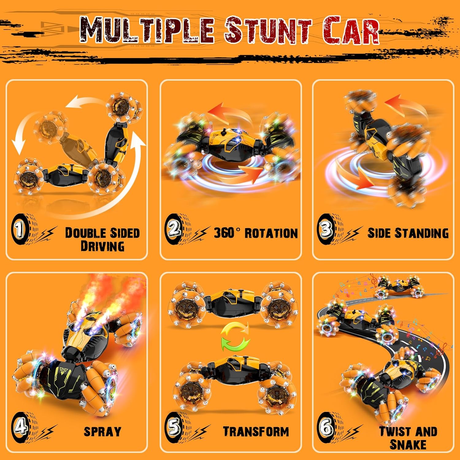 Remote Control Stunt Car Toys: Birthday Gifts for Boys Toys Ages 6-12 - 2.4Ghz Gesture Sensing Remote Control Cars with Light and Music Spray - 8WD Drift 360° Rotating RC Car for 7-14