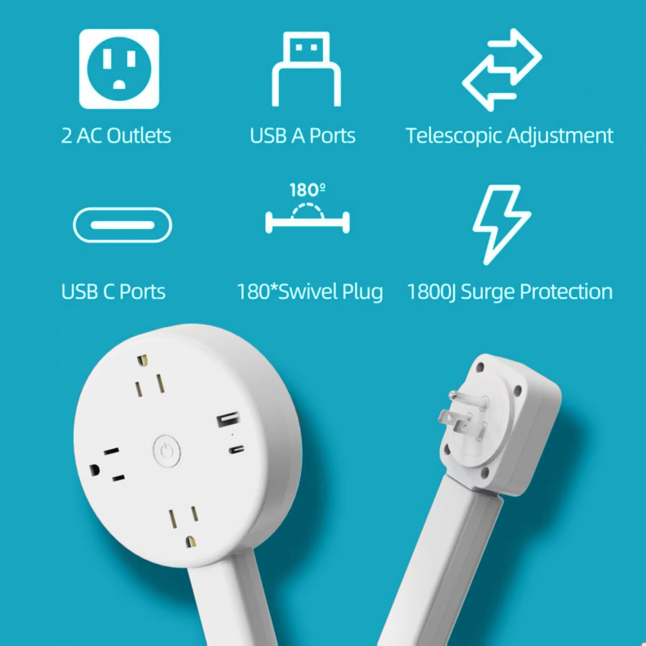 New Electrical Outlet Extender Adjustable Power Socket Expander, 1800J Surge Protection, Extends 18.5"-26.5", Rotates 180° Features USB-A, USB-C&3 AC Outlets, for Couches, Desks, Nightstands and More