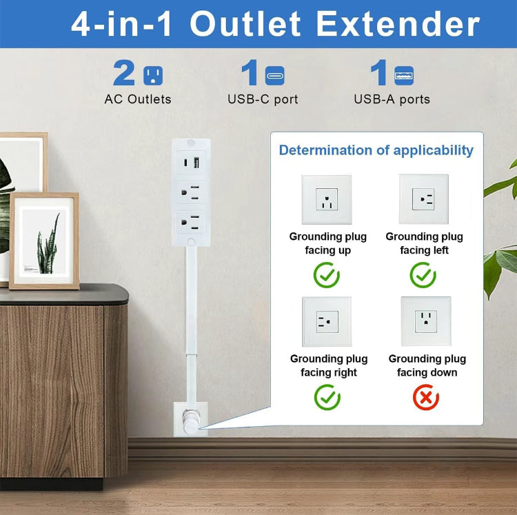 Electrical Outlet Extender Stick - Power Socket Expander,Extendable Outlet for Hard to Reach Places,Features USB-A,USB-C,2 AC Outlets,Rotates 180°,Use Behind Couches,Nightstands,Desks,More