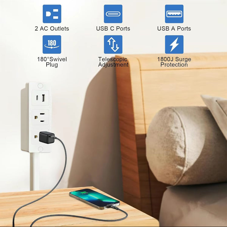 Electrical Outlet Extender Stick - Power Socket Expander,Extendable Outlet for Hard to Reach Places,Features USB-A,USB-C,2 AC Outlets,Rotates 180°,Use Behind Couches,Nightstands,Desks,More