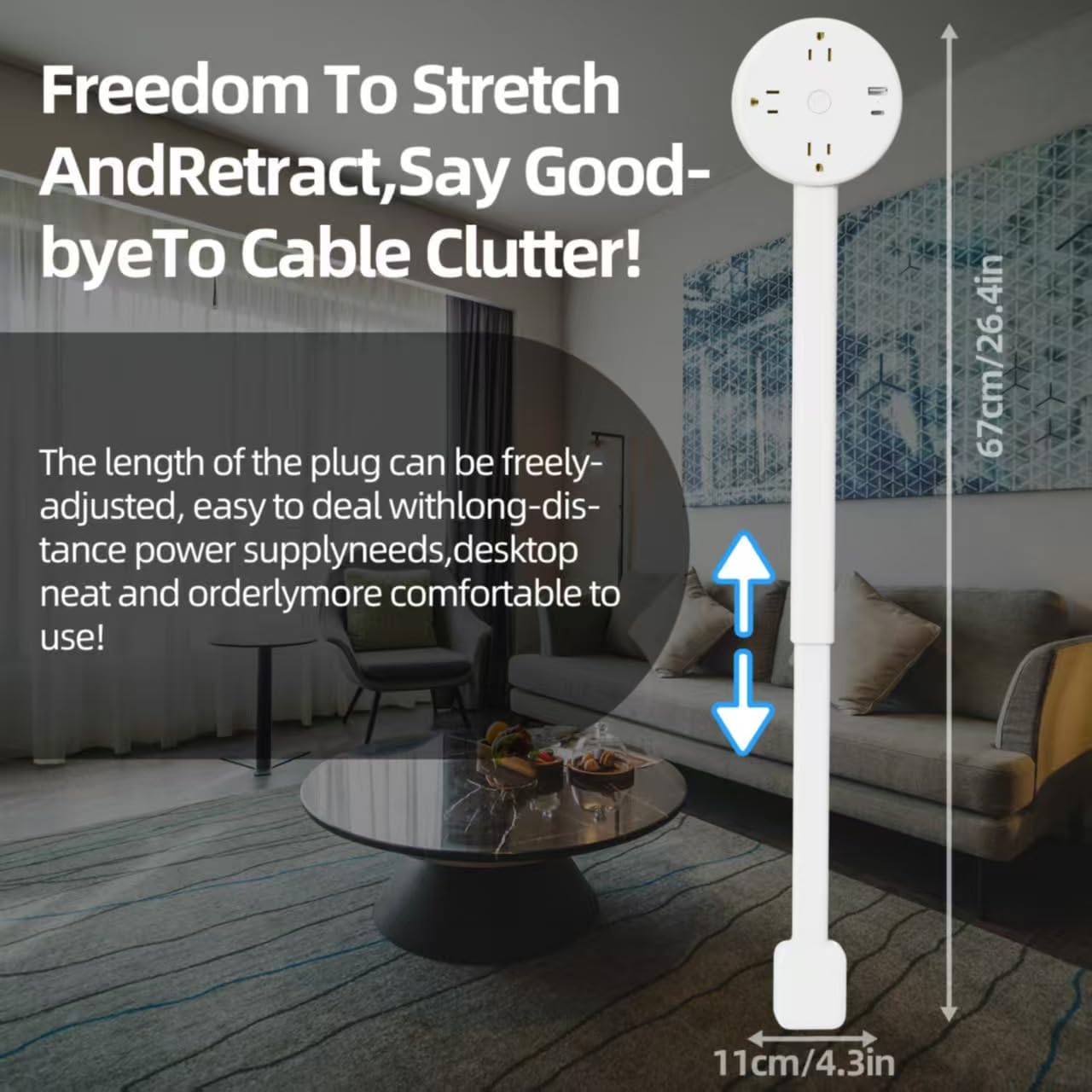 New Electrical Outlet Extender Adjustable Power Socket Expander, 1800J Surge Protection, Extends 18.5"-26.5", Rotates 180° Features USB-A, USB-C&3 AC Outlets, for Couches, Desks, Nightstands and More