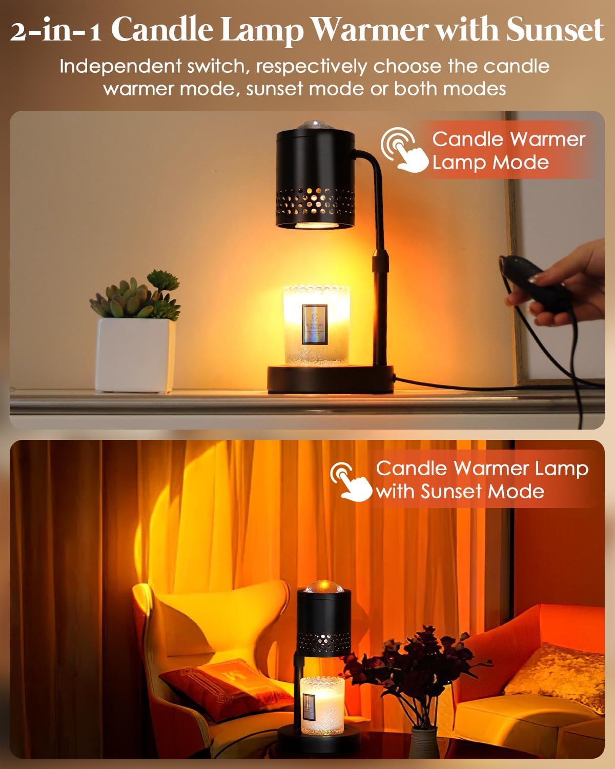 Candle Warmer Lamp with Sunset Lights: 【2025 Upgraded】 Valentines Gifts for Women, Men, Timer and Brightness Adjustment Candle lamp with 2 Bulbs - Electric Wax Melt Warmer