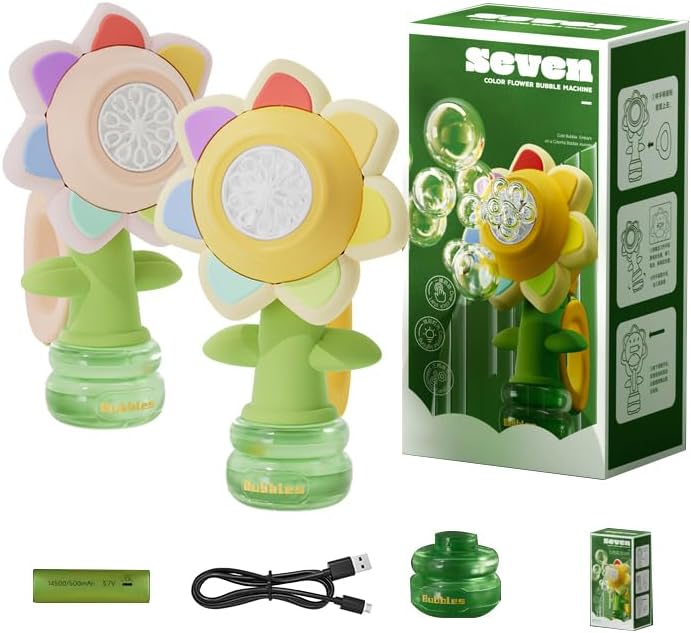 Electric Handheld Bubble Machine, Seven Color Flower Shaking Head Rotating Automatic Bubble Machine, Suitable for Boys and Girls Toys(One Click Start, Yellow), 24cm*9cm*13cm