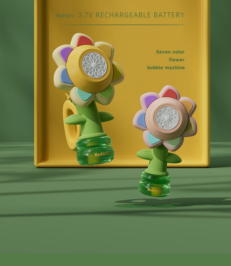 Electric Handheld Bubble Machine, Seven Color Flower Shaking Head Rotating Automatic Bubble Machine, Suitable for Boys and Girls Toys(One Click Start, Yellow), 24cm*9cm*13cm