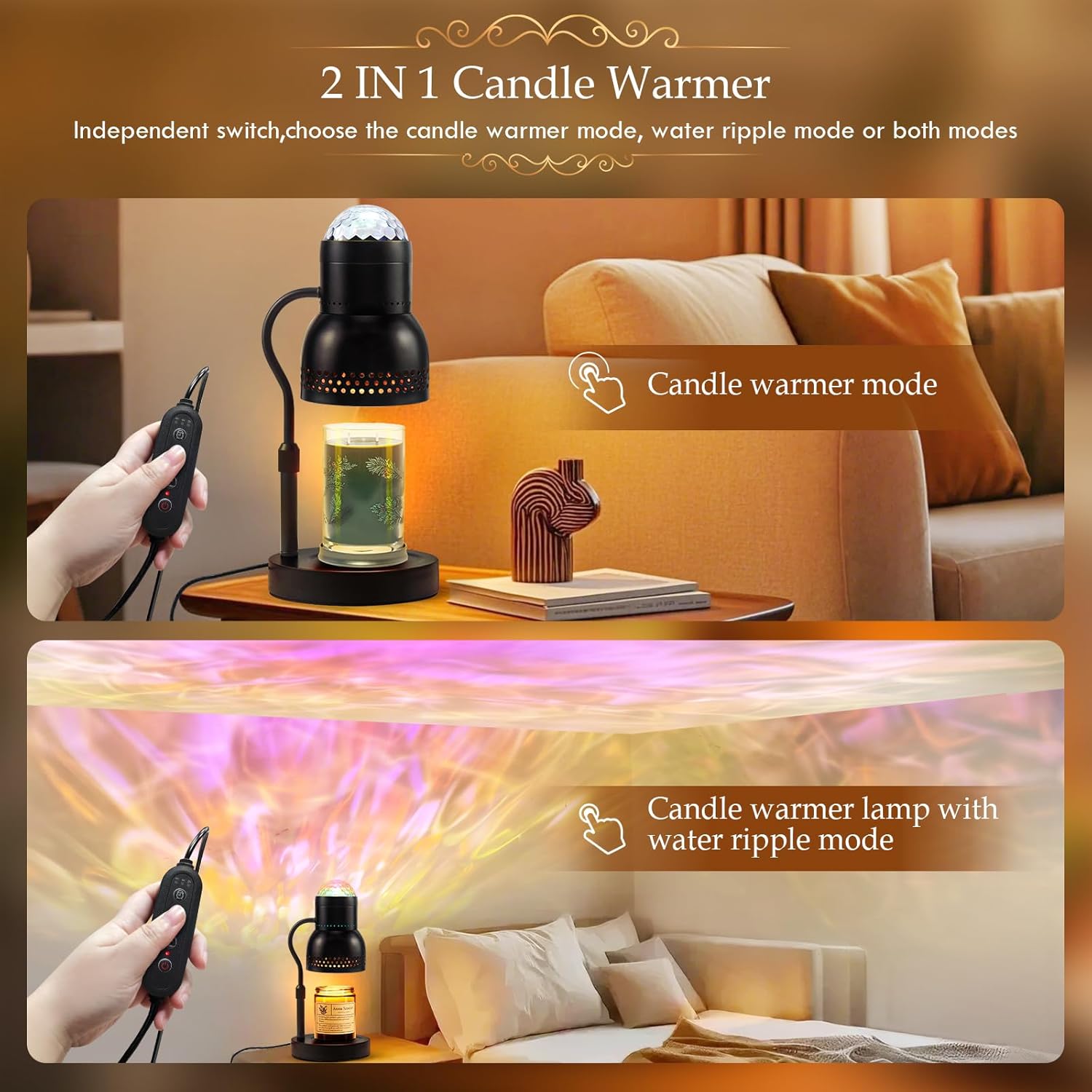 Candle Warmer Lamp with Timer Dimmer, Wax Warmer for Scented with Water Ripple Embellish Life, Relieve Stress, fits All Large Candle Jar - Large Black Candle Lamp for Home Decor