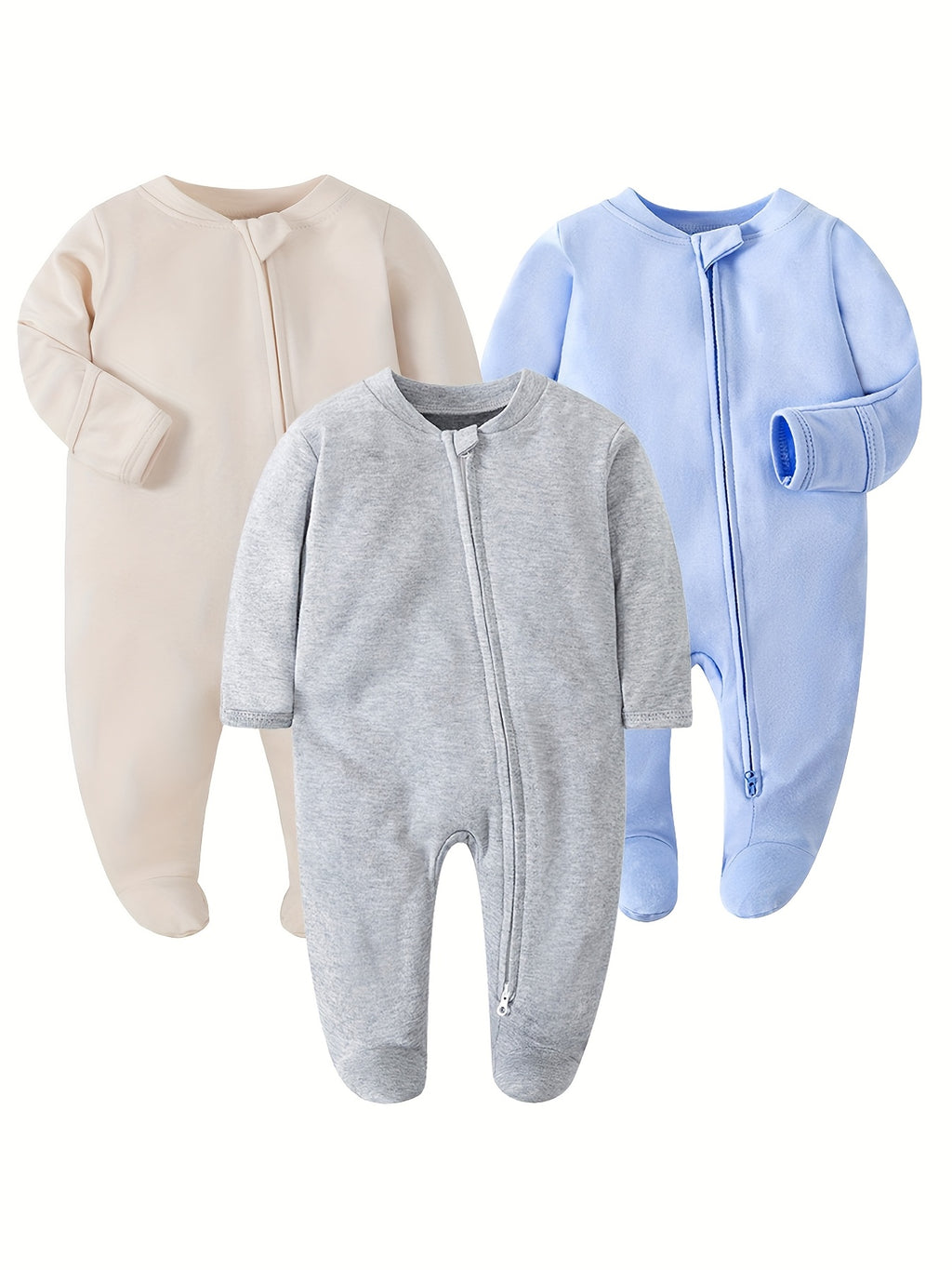 3pcs Unisex Baby Clothes Newborn Long Sleeve Footed Onesie Set Baby Jumpsuit Baby Clothes 2-Way Zipper