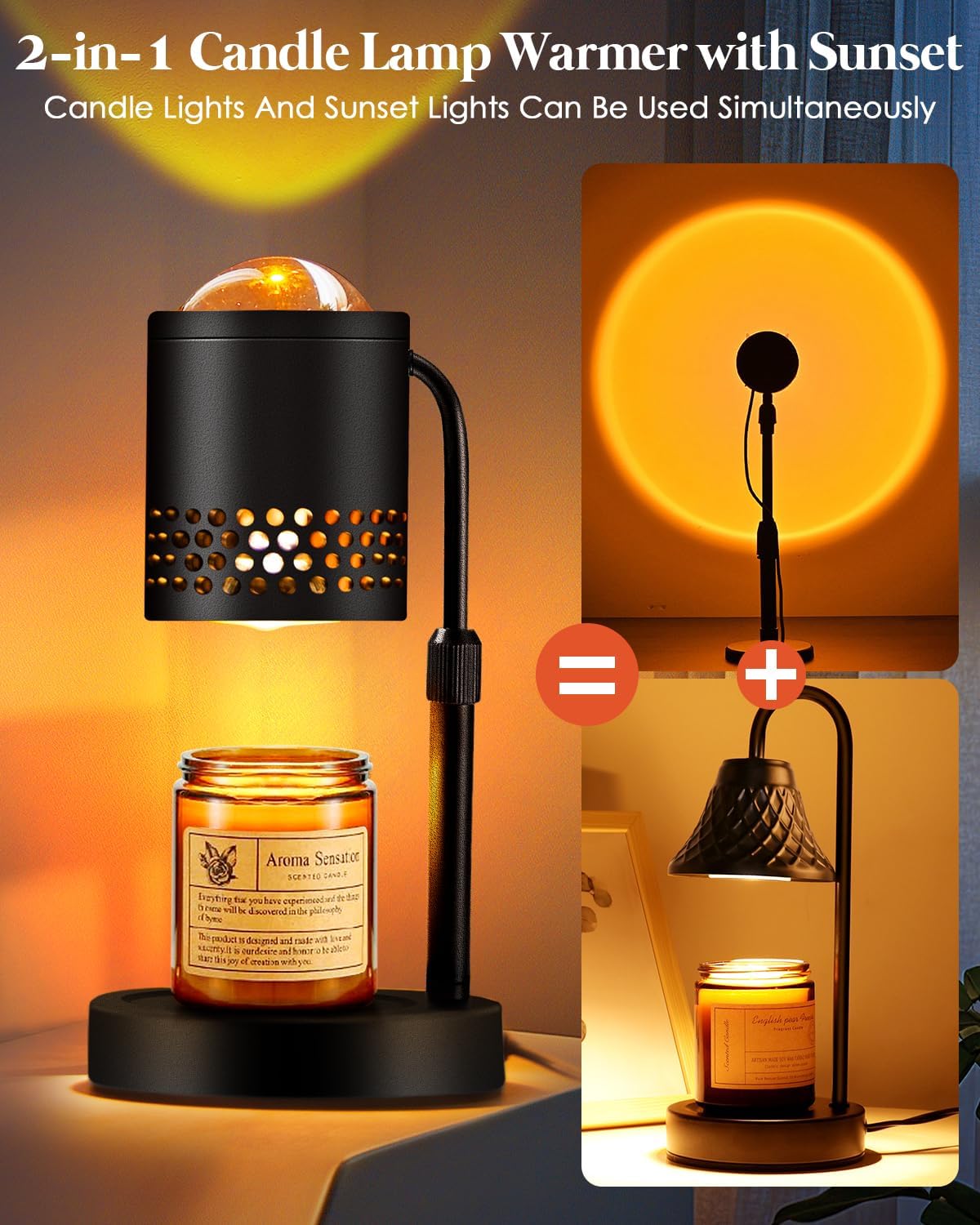 Candle Warmer Lamp with Sunset Lights: 【2025 Upgraded】 Valentines Gifts for Women, Men, Timer and Brightness Adjustment Candle lamp with 2 Bulbs - Electric Wax Melt Warmer