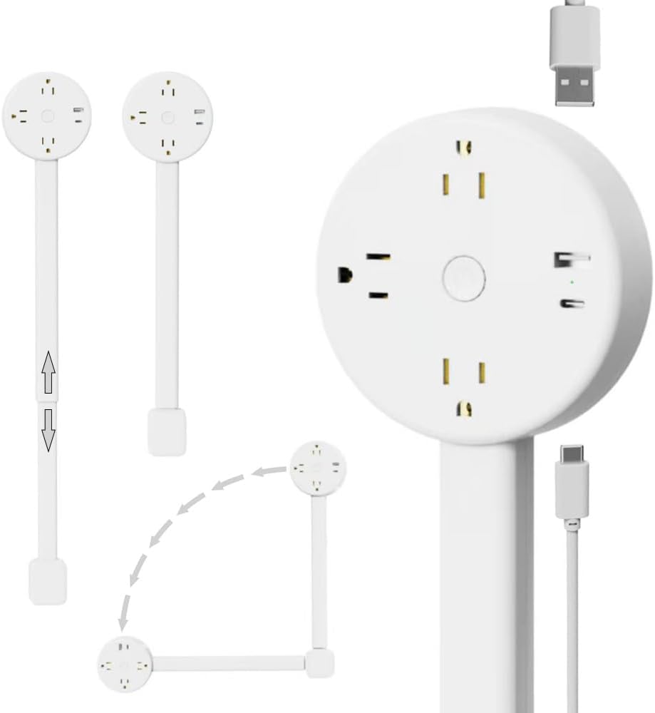 New Electrical Outlet Extender Adjustable Power Socket Expander, 1800J Surge Protection, Extends 18.5"-26.5", Rotates 180° Features USB-A, USB-C&3 AC Outlets, for Couches, Desks, Nightstands and More