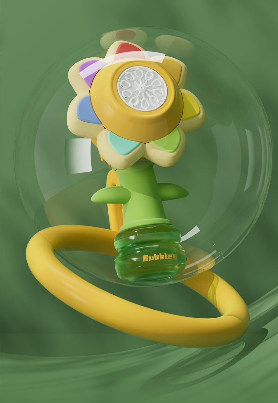 Electric Handheld Bubble Machine, Seven Color Flower Shaking Head Rotating Automatic Bubble Machine, Suitable for Boys and Girls Toys(One Click Start, Yellow), 24cm*9cm*13cm