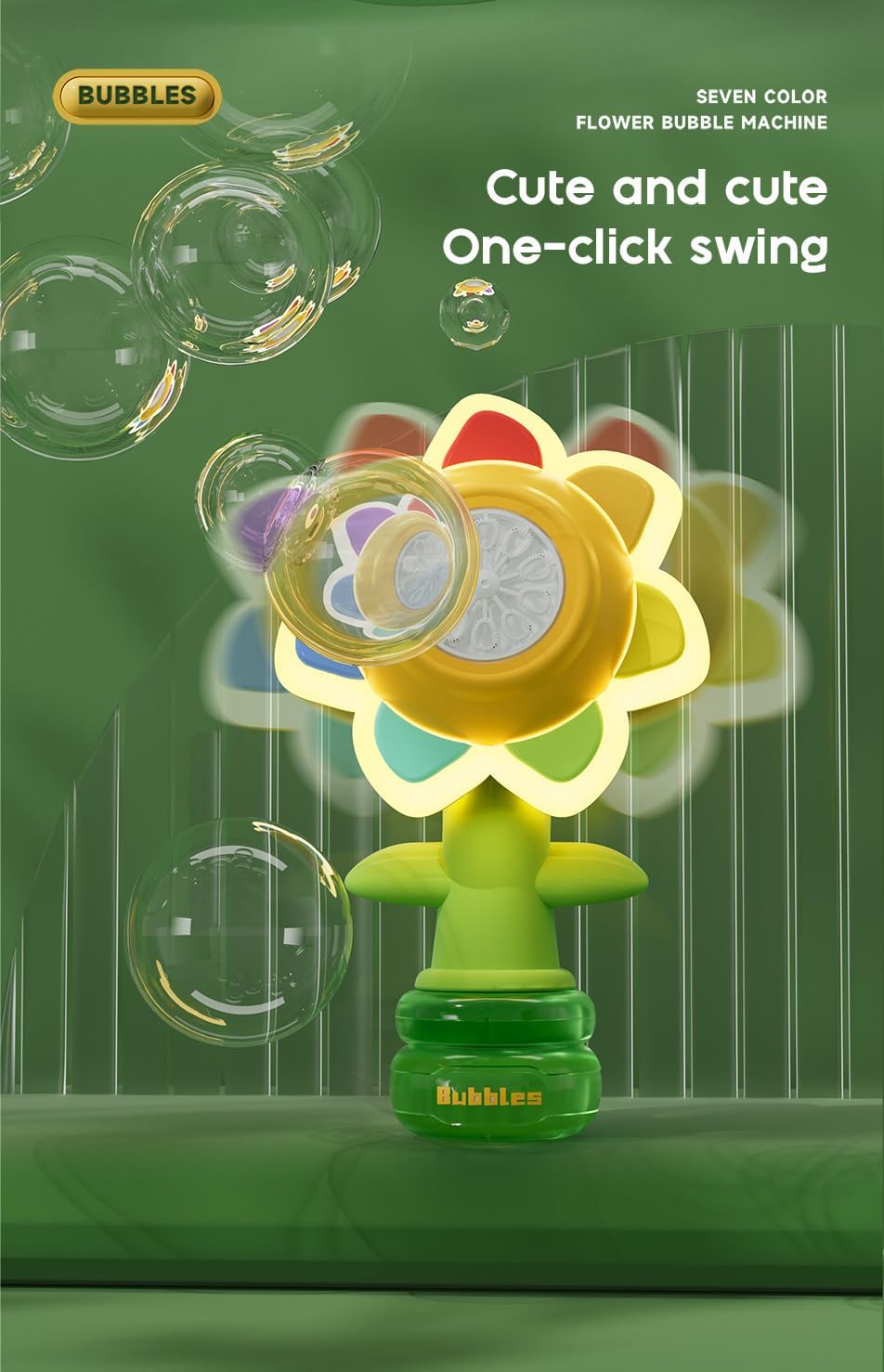 Electric Handheld Bubble Machine, Seven Color Flower Shaking Head Rotating Automatic Bubble Machine, Suitable for Boys and Girls Toys(One Click Start, Yellow), 24cm*9cm*13cm