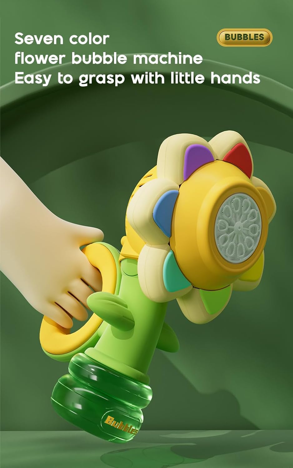 Electric Handheld Bubble Machine, Seven Color Flower Shaking Head Rotating Automatic Bubble Machine, Suitable for Boys and Girls Toys(One Click Start, Yellow), 24cm*9cm*13cm