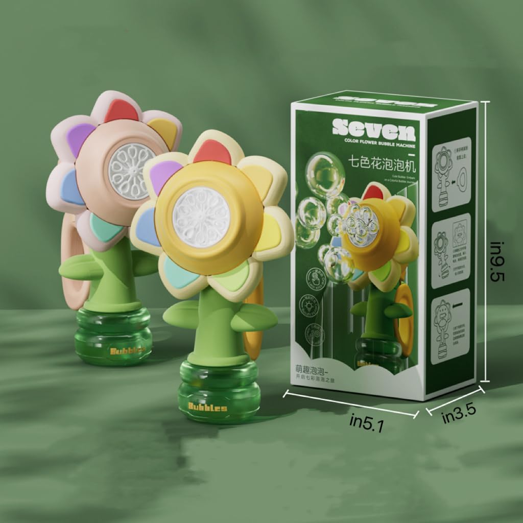 Electric Handheld Bubble Machine, Seven Color Flower Shaking Head Rotating Automatic Bubble Machine, Suitable for Boys and Girls Toys(One Click Start, Yellow), 24cm*9cm*13cm