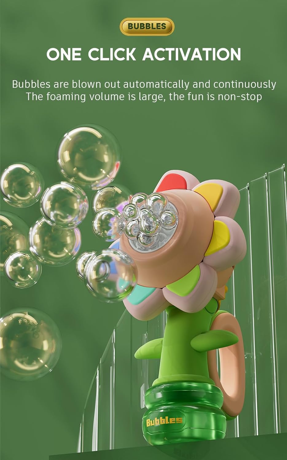 Electric Handheld Bubble Machine, Seven Color Flower Shaking Head Rotating Automatic Bubble Machine, Suitable for Boys and Girls Toys(One Click Start, Yellow), 24cm*9cm*13cm