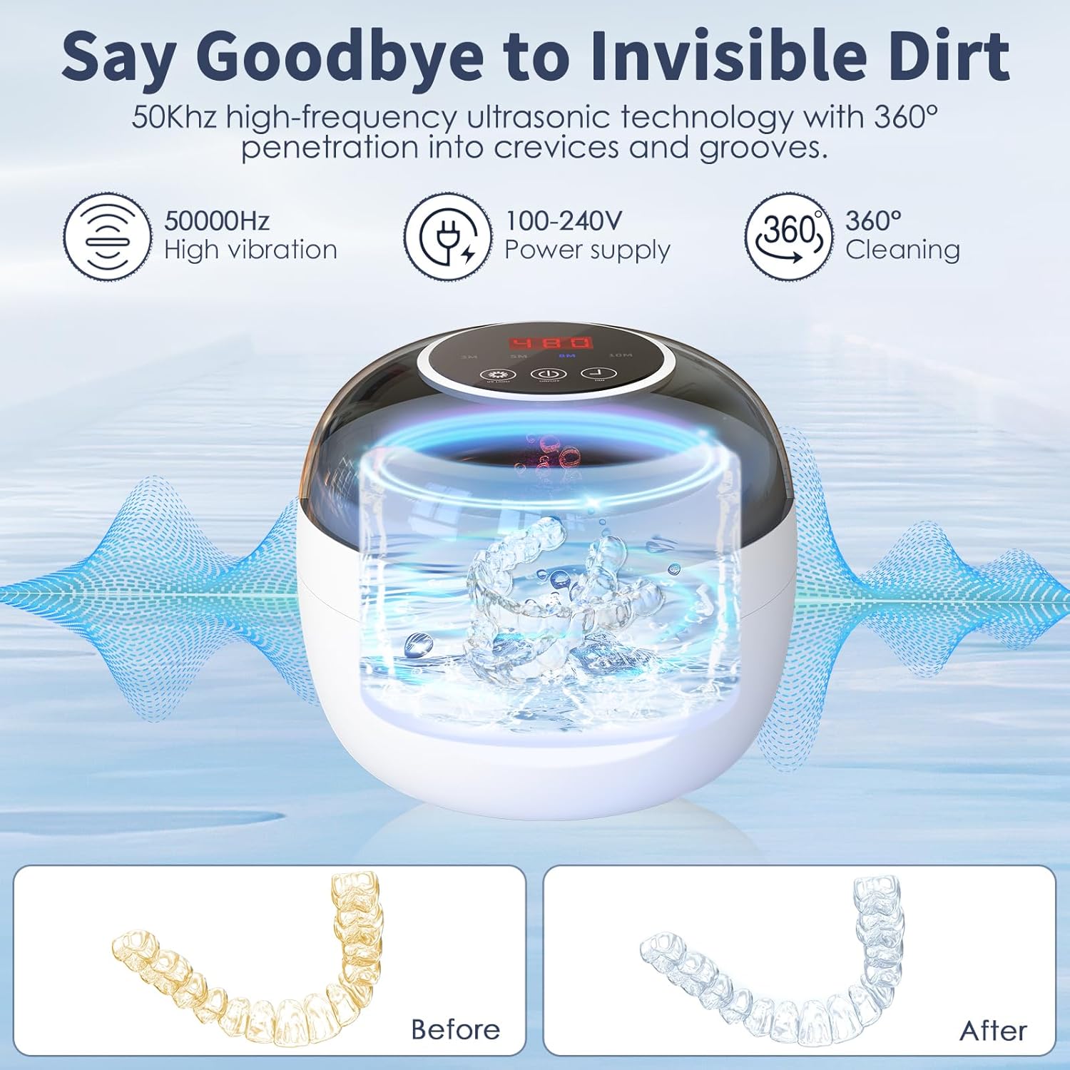 Ultrasonic Retainer Cleaner Machine, 2025 Upgrade 50kHz Portable Ultra Sonic Dental Cleaning Pod for Denture, Mouth Guard, Night Guard, Braces - 250ml Ultrasonic Cleaner Machine with 4 Digital Timer