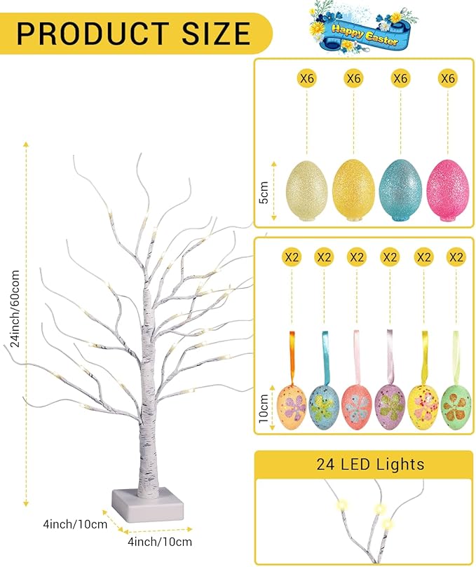 Weiß leuchtender künstlicher Baum für Ostern, Heimdeko und mehr – batteriebetriebener Indoor-Ornament/Lampe für Tische – Birkenholz-Effekt mit LED-Leuchten in pastellfarbenen Ostereiern TRIXES