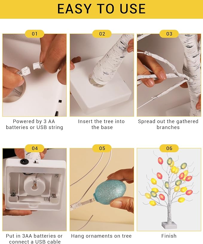 Weiß leuchtender künstlicher Baum für Ostern, Heimdeko und mehr – batteriebetriebener Indoor-Ornament/Lampe für Tische – Birkenholz-Effekt mit LED-Leuchten in pastellfarbenen Ostereiern TRIXES