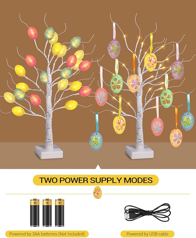 Weiß leuchtender künstlicher Baum für Ostern, Heimdeko und mehr – batteriebetriebener Indoor-Ornament/Lampe für Tische – Birkenholz-Effekt mit LED-Leuchten in pastellfarbenen Ostereiern TRIXES