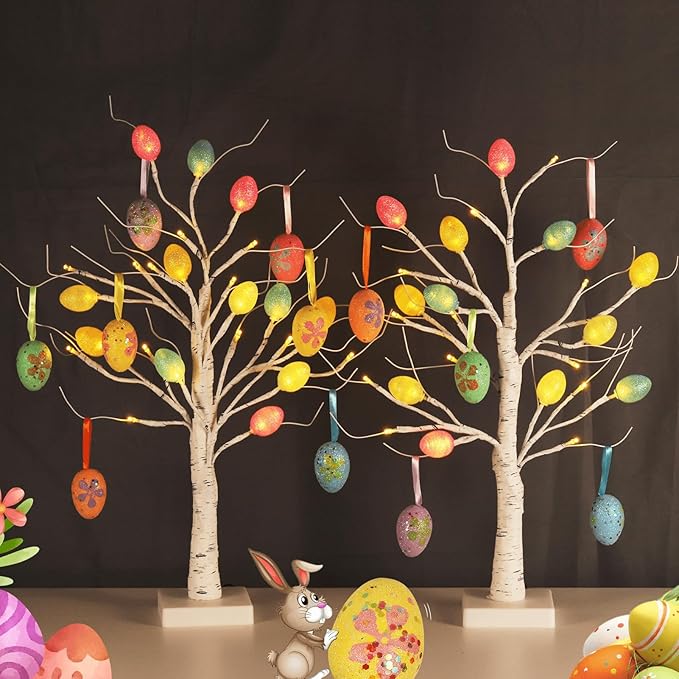 Weiß leuchtender künstlicher Baum für Ostern, Heimdeko und mehr – batteriebetriebener Indoor-Ornament/Lampe für Tische – Birkenholz-Effekt mit LED-Leuchten in pastellfarbenen Ostereiern TRIXES