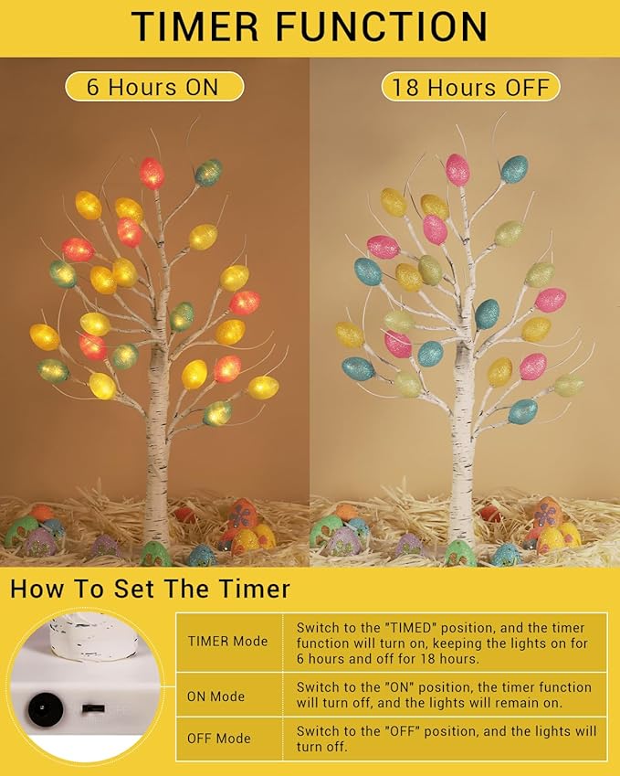 Weiß leuchtender künstlicher Baum für Ostern, Heimdeko und mehr – batteriebetriebener Indoor-Ornament/Lampe für Tische – Birkenholz-Effekt mit LED-Leuchten in pastellfarbenen Ostereiern TRIXES