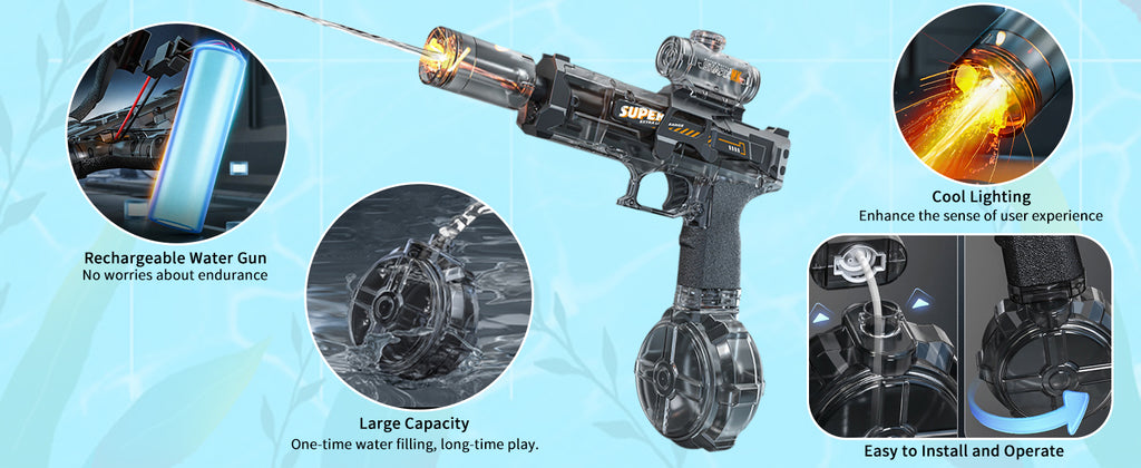 BOMOCO Electric Water Gun for Adults Kids, Automatic Squirt Guns with Cool Light Long Shooting Range,Powerful Water Guns Pistol Toys for Summer Swimming Pool Beach Outdoor Water Gun Blaster,Grey