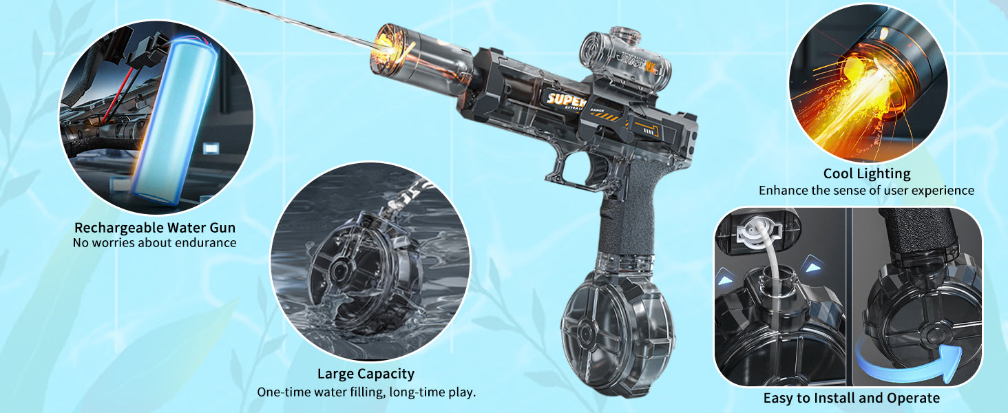 BOMOCO Electric Water Gun for Adults Kids, Automatic Squirt Guns with Cool Light Long Shooting Range,Powerful Water Guns Pistol Toys for Summer Swimming Pool Beach Outdoor Water Gun Blaster,Grey