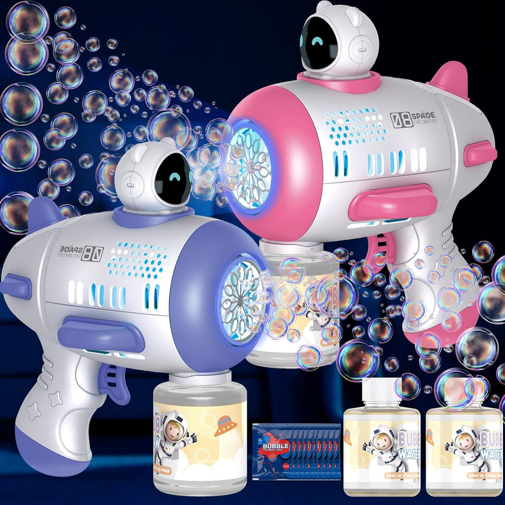 2 Pack Bubble Machine, Party Bubbles, Cool Light Up Bubble Maker with 2 Refill Solution for Kids, Automatic Bubble Blower for Bubble Blaster Summer Outdoor Toys, Birthday Party Favor Gift