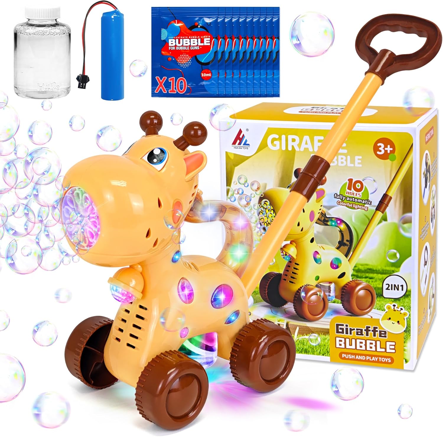 Automatic Bubble Machine, Rechargeable Bubble Maker with 10 Bags of Bubble Concentrate Giraffe Lion Lawn Mover Bubble Blower with LED Light for Kids