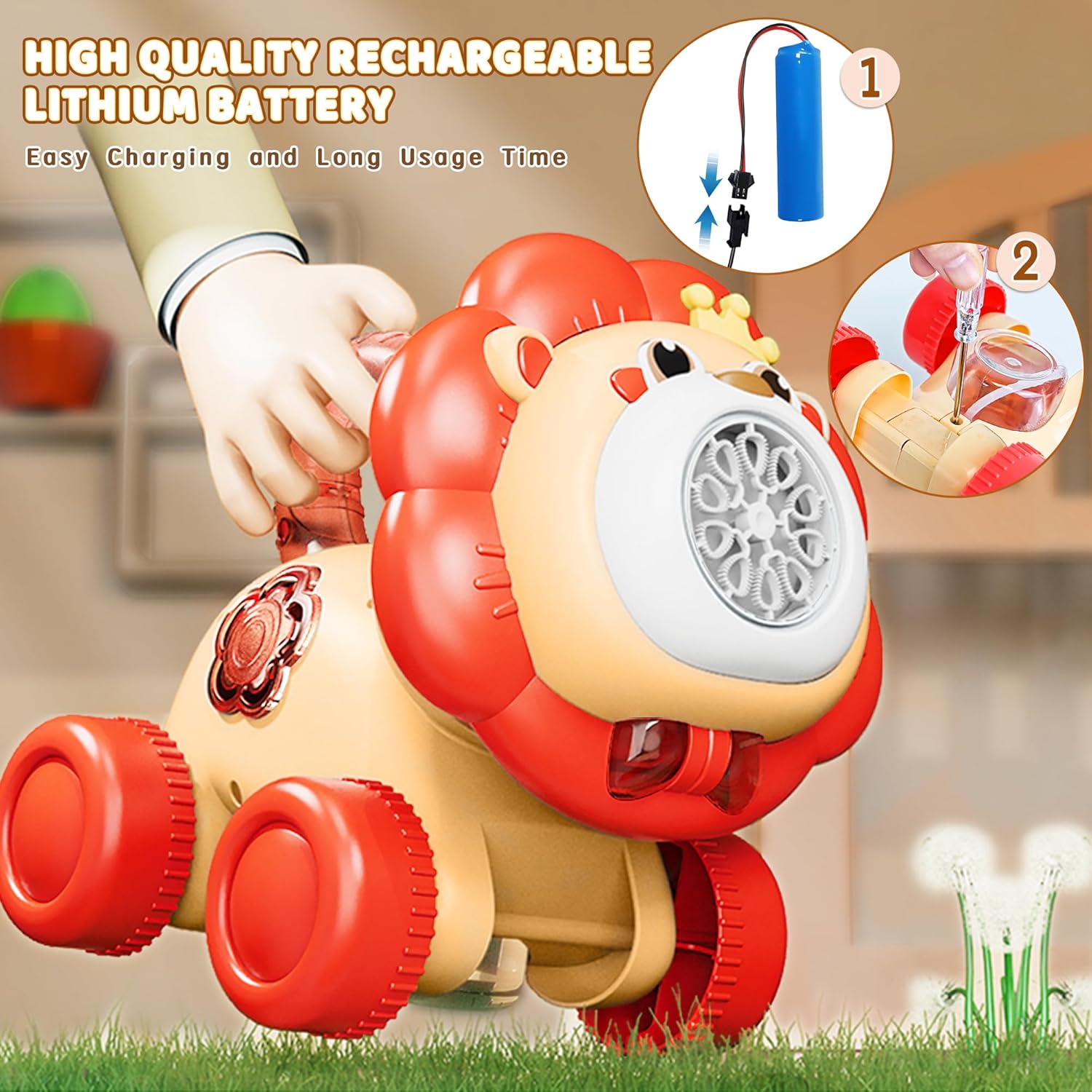 Automatic Bubble Machine, Rechargeable Bubble Maker with 10 Bags of Bubble Concentrate Giraffe Lion Lawn Mover Bubble Blower with LED Light for Kids