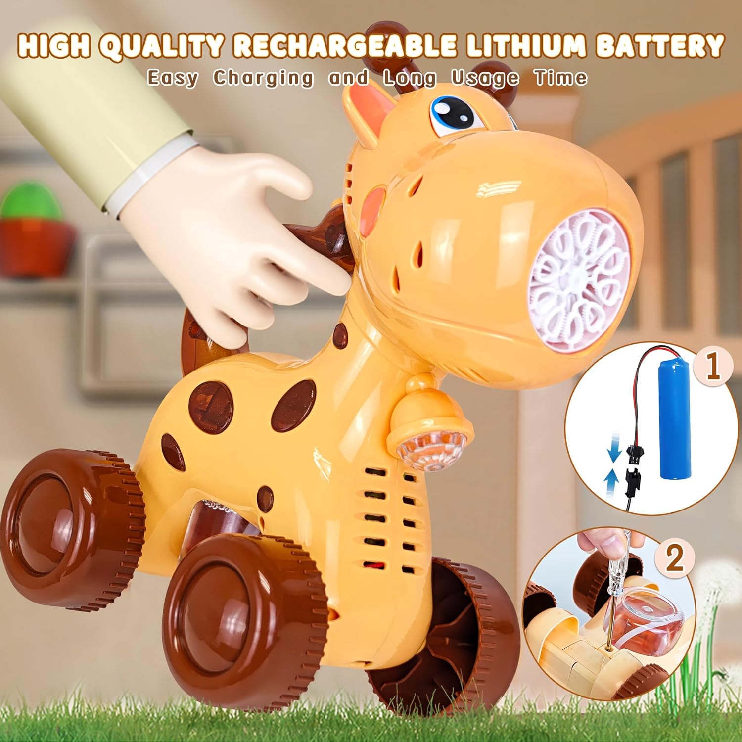 Automatic Bubble Machine, Rechargeable Bubble Maker with 10 Bags of Bubble Concentrate Giraffe Lion Lawn Mover Bubble Blower with LED Light for Kids