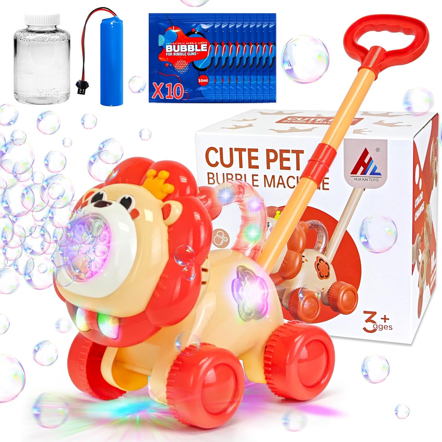 Automatic Bubble Machine, Rechargeable Bubble Maker with 10 Bags of Bubble Concentrate Giraffe Lion Lawn Mover Bubble Blower with LED Light for Kids