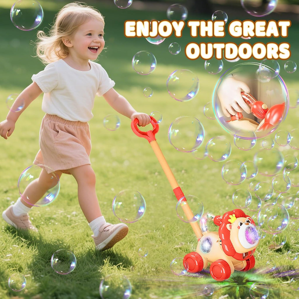 Automatic Bubble Machine, Rechargeable Bubble Maker with 10 Bags of Bubble Concentrate Giraffe Lion Lawn Mover Bubble Blower with LED Light for Kids