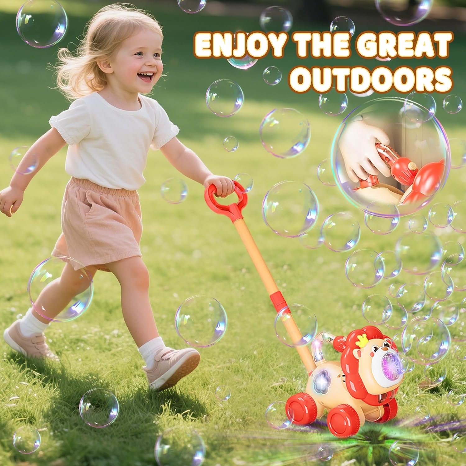 Automatic Bubble Machine, Rechargeable Bubble Maker with 10 Bags of Bubble Concentrate Giraffe Lion Lawn Mover Bubble Blower with LED Light for Kids