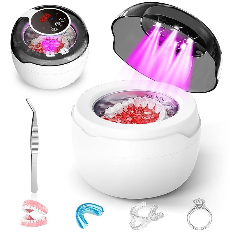 Ultrasonic Retainer Cleaner Machine, 2025 Upgrade 50kHz Portable Ultra Sonic Dental Cleaning Pod for Denture, Mouth Guard, Night Guard, Braces - 250ml Ultrasonic Cleaner Machine with 4 Digital Timer