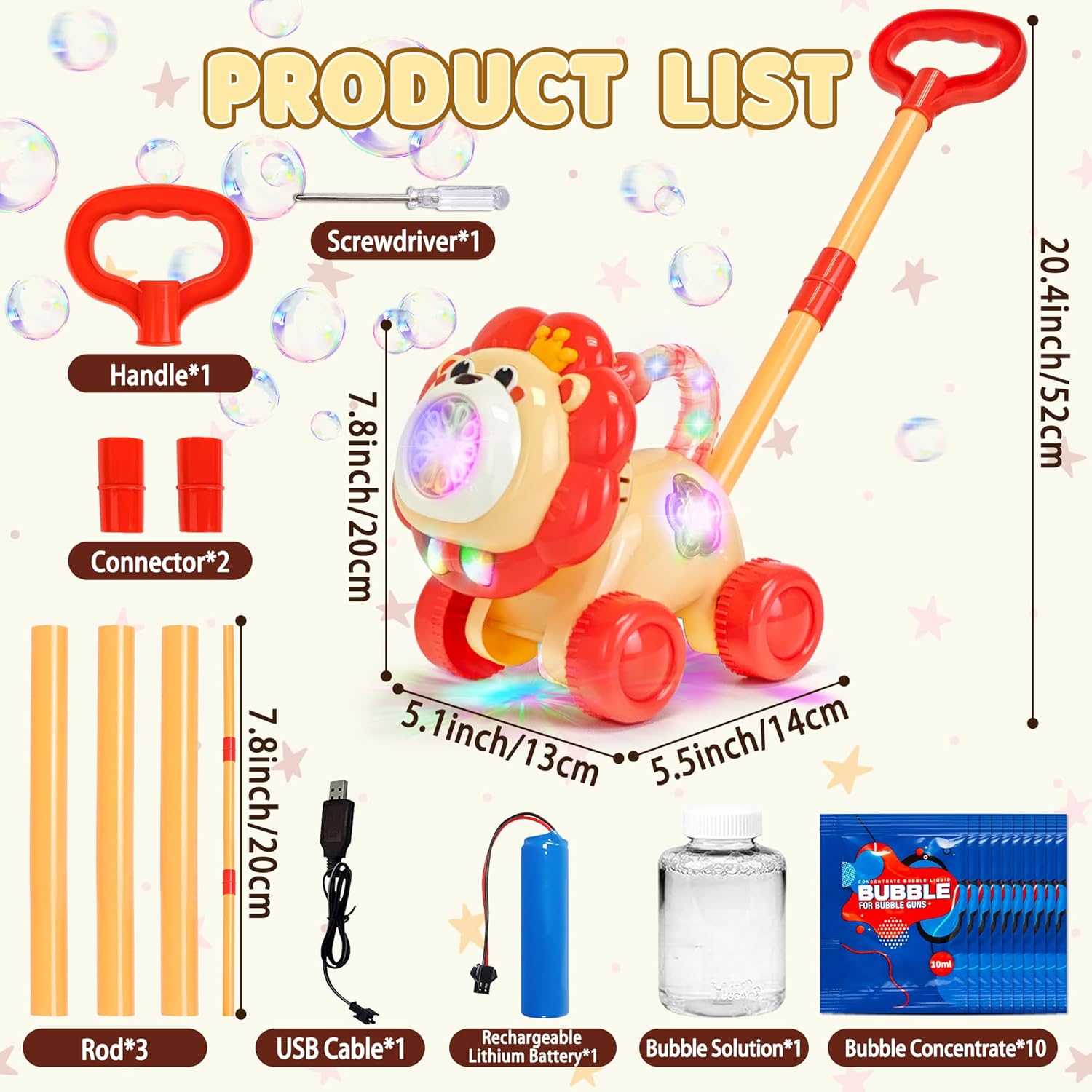 Automatic Bubble Machine, Rechargeable Bubble Maker with 10 Bags of Bubble Concentrate Giraffe Lion Lawn Mover Bubble Blower with LED Light for Kids