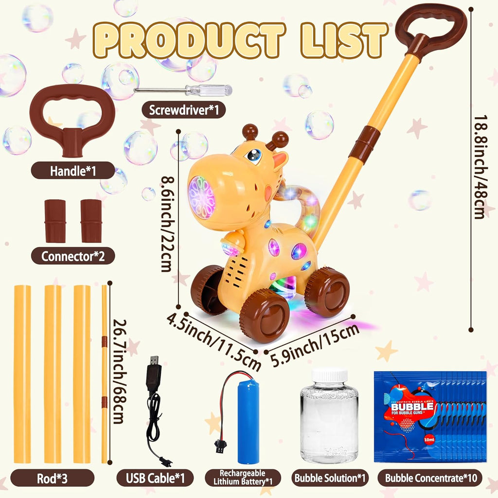 Automatic Bubble Machine, Rechargeable Bubble Maker with 10 Bags of Bubble Concentrate Giraffe Lion Lawn Mover Bubble Blower with LED Light for Kids