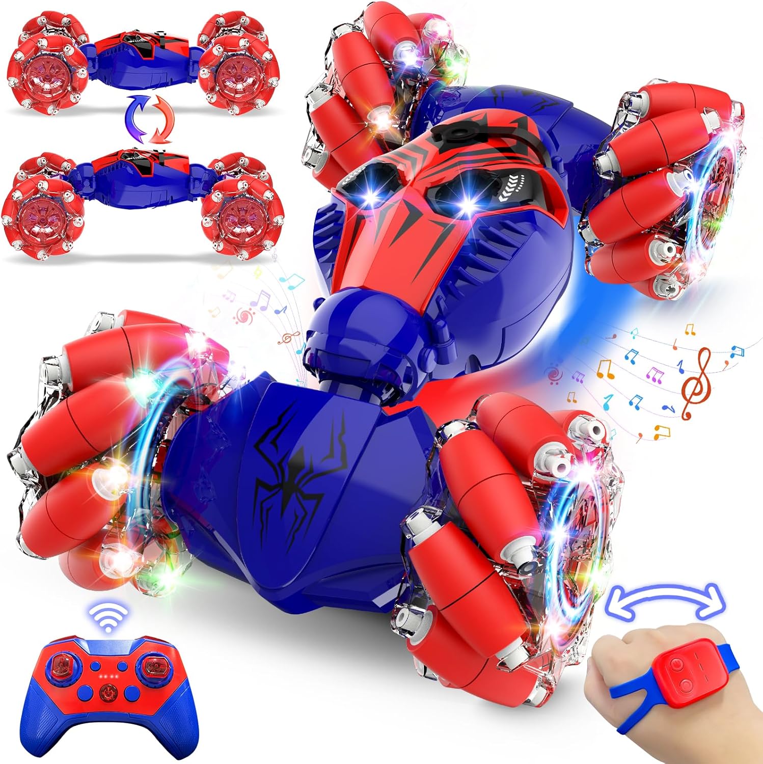 Spider Remote Control Stunt Car: Birthday Gifts for Boys Toys Ages 6-12 - 2.4Ghz Gesture Sensing Remote Control Cars with Light and Music Spray - 8WD Drift 360° Rotating RC Car for 7-14 Kids