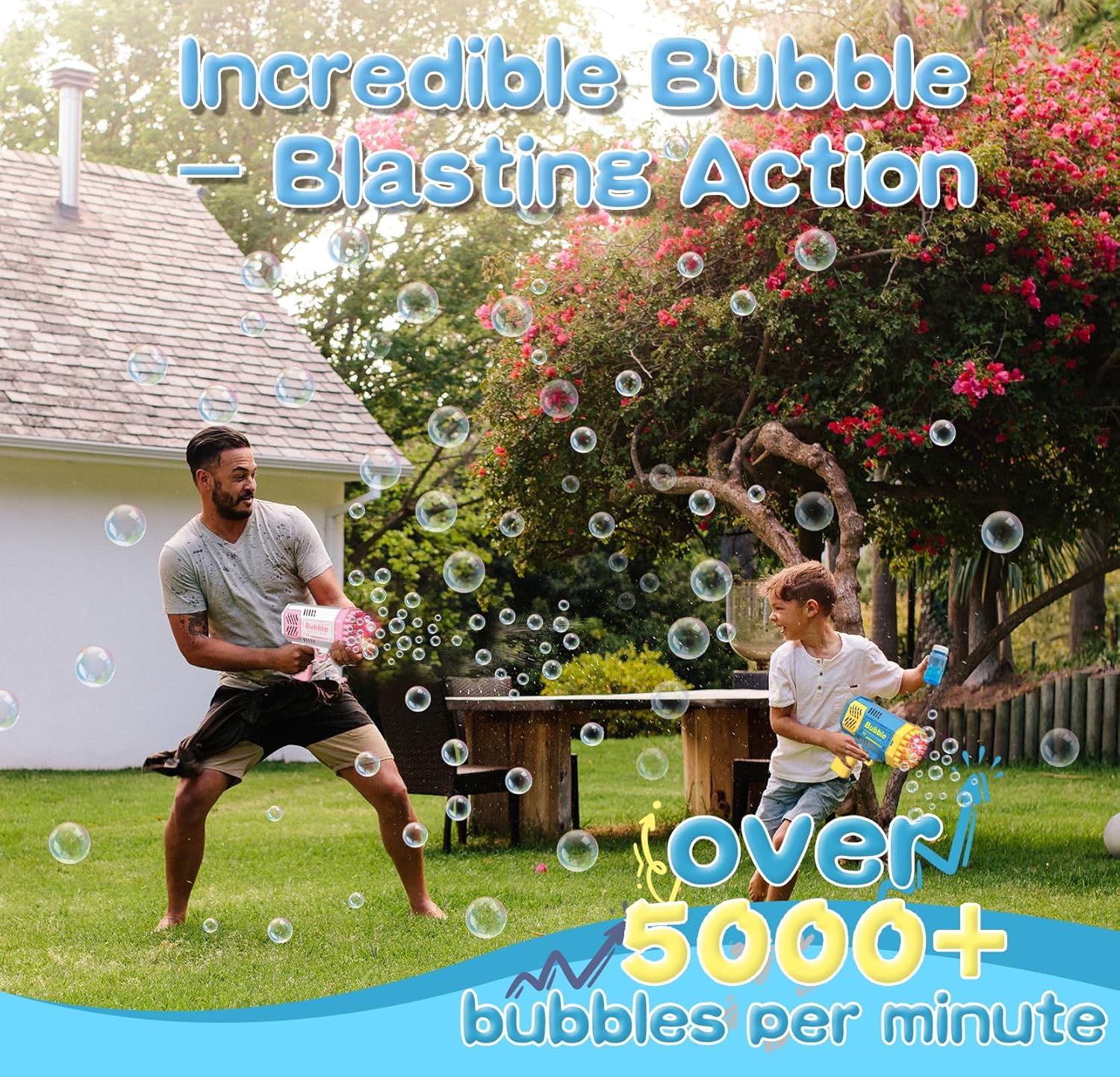 2 Bubble Gun with 2 Bottles Refill Solution for Kids, 40-Hole Light Up Bubble Machine for Toddlers 1-3, Bubble Blaster Maker, Party Favors Toys for Boys Girls 4-8 Birthday Gifts