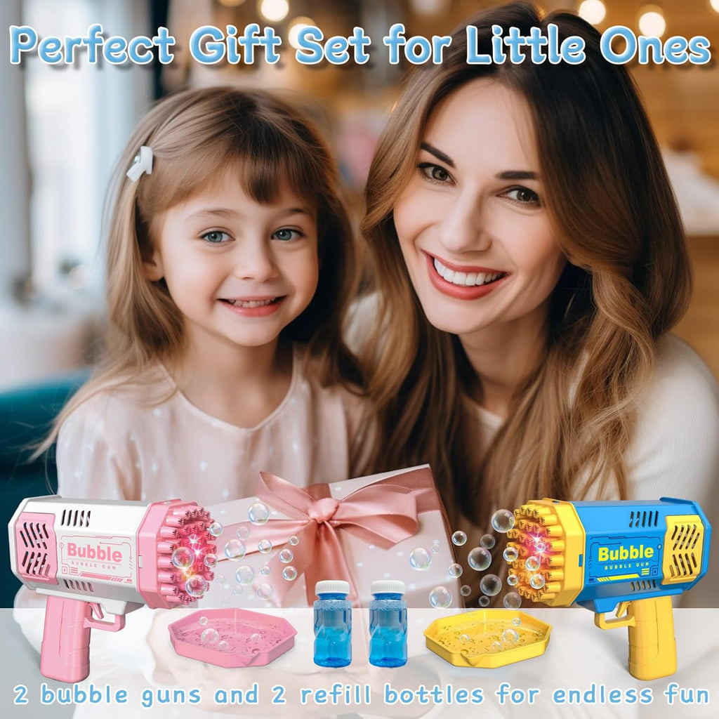 2 Bubble Gun with 2 Bottles Refill Solution for Kids, 40-Hole Light Up Bubble Machine for Toddlers 1-3, Bubble Blaster Maker, Party Favors Toys for Boys Girls 4-8 Birthday Gifts