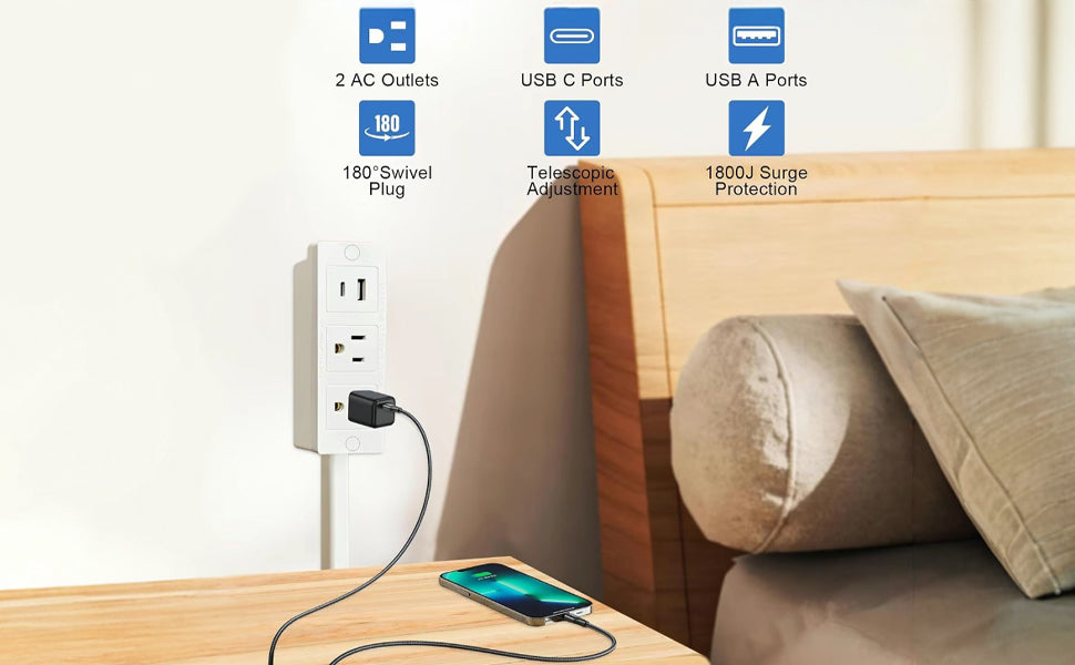 Electrical Outlet Extender Stick - Power Socket Expander,Extendable Outlet for Hard to Reach Places,Features USB-A,USB-C,2 AC Outlets,Rotates 180°,Use Behind Couches,Nightstands,Desks,More