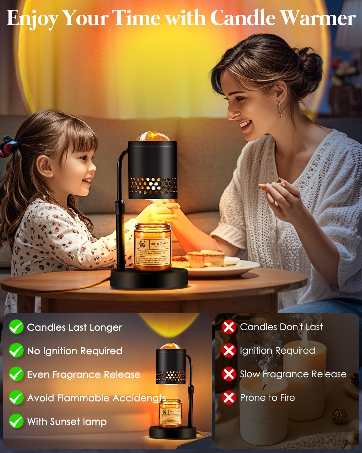 Candle Warmer Lamp with Sunset Lights: 【2025 Upgraded】 Valentines Gifts for Women, Men, Timer and Brightness Adjustment Candle lamp with 2 Bulbs - Electric Wax Melt Warmer