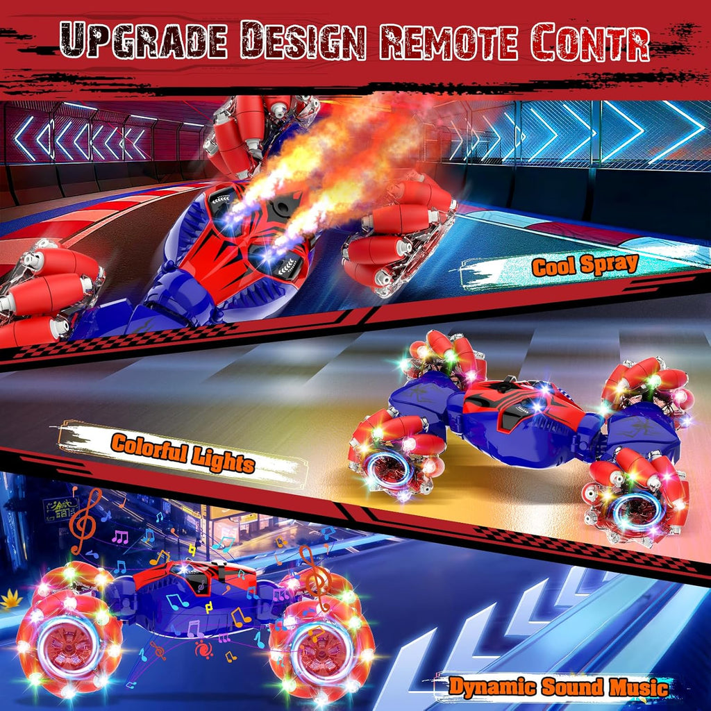 Spider Remote Control Stunt Car: Birthday Gifts for Boys Toys Ages 6-12 - 2.4Ghz Gesture Sensing Remote Control Cars with Light and Music Spray - 8WD Drift 360° Rotating RC Car for 7-14 Kids