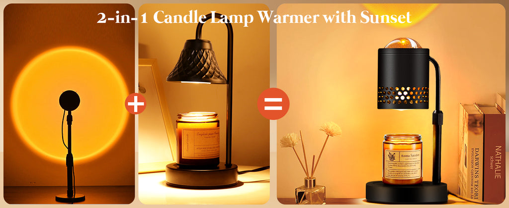 Candle Warmer Lamp with Sunset Lights: 【2025 Upgraded】 Valentines Gifts for Women, Men, Timer and Brightness Adjustment Candle lamp with 2 Bulbs - Electric Wax Melt Warmer