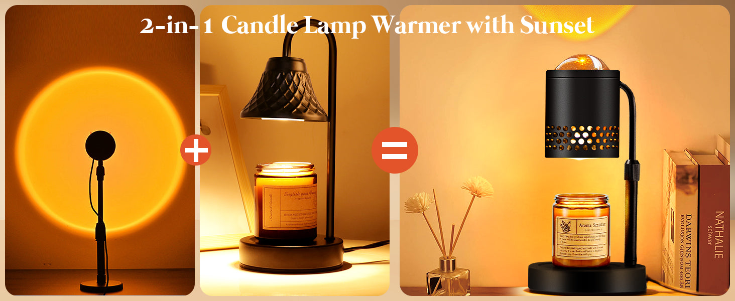 Candle Warmer Lamp with Sunset Lights: 【2025 Upgraded】 Valentines Gifts for Women, Men, Timer and Brightness Adjustment Candle lamp with 2 Bulbs - Electric Wax Melt Warmer
