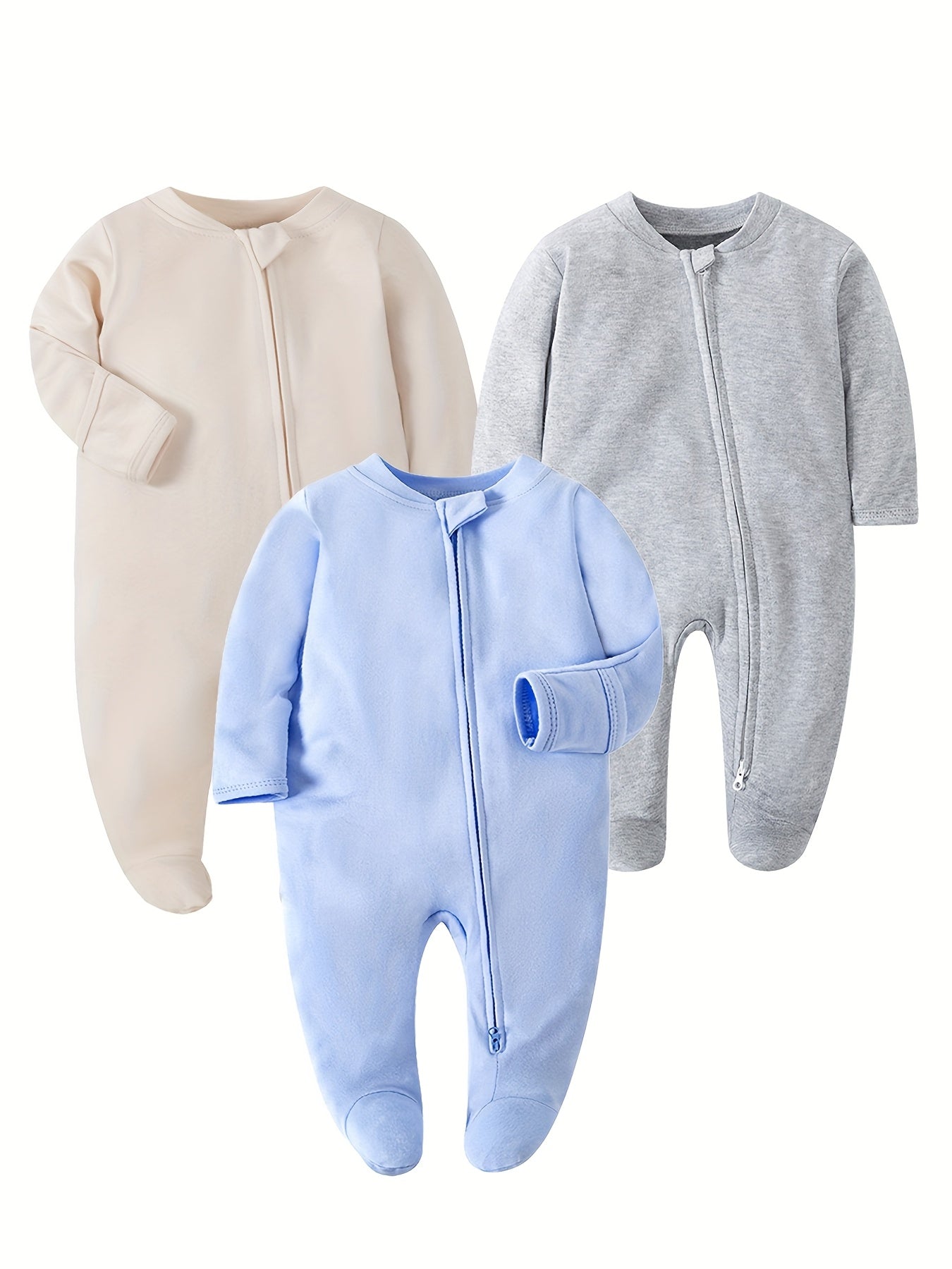 3pcs Unisex Baby Clothes Newborn Long Sleeve Footed Onesie Set Baby Jumpsuit Baby Clothes 2-Way Zipper